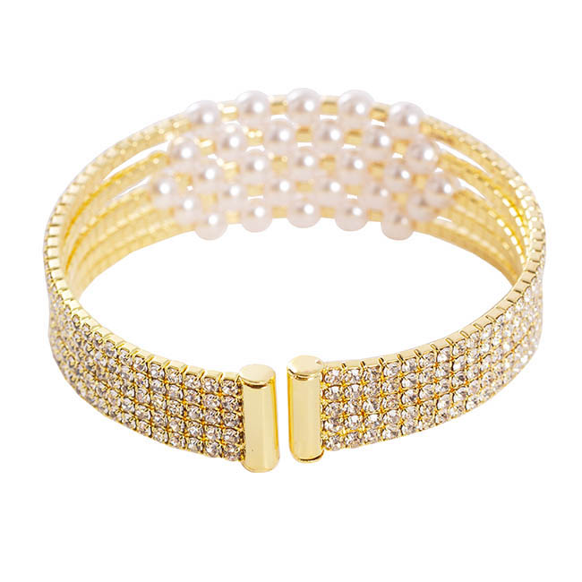 Corsage Wrist Bracelet Pearl & Diamante Gold (5.5cmDx2cmH)