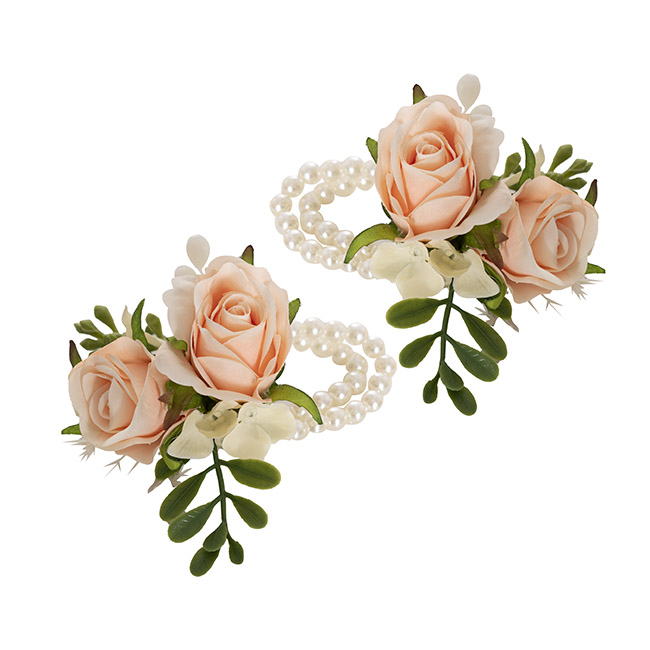 Rose Corsage w Pearl Wrist Bracelet Pack 2 Peach (12cmH)