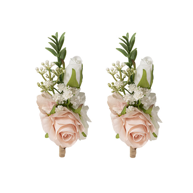 Rose & Baby's Breath Boutonniere Pack 2 Pink & Cream (13cmH)