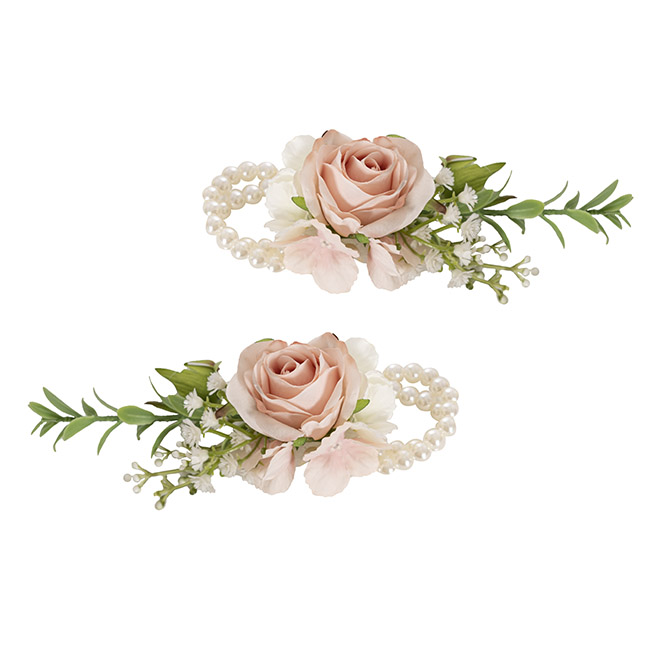 Rose Corsage Pearl Wrist Bracelet Pack 2 Pink Cream (12cmH)