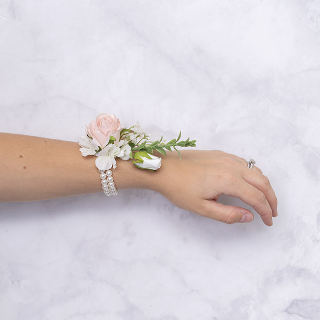 Rose Corsage Pearl Wrist Bracelet Pack 2 Pink Cream (12cmH)