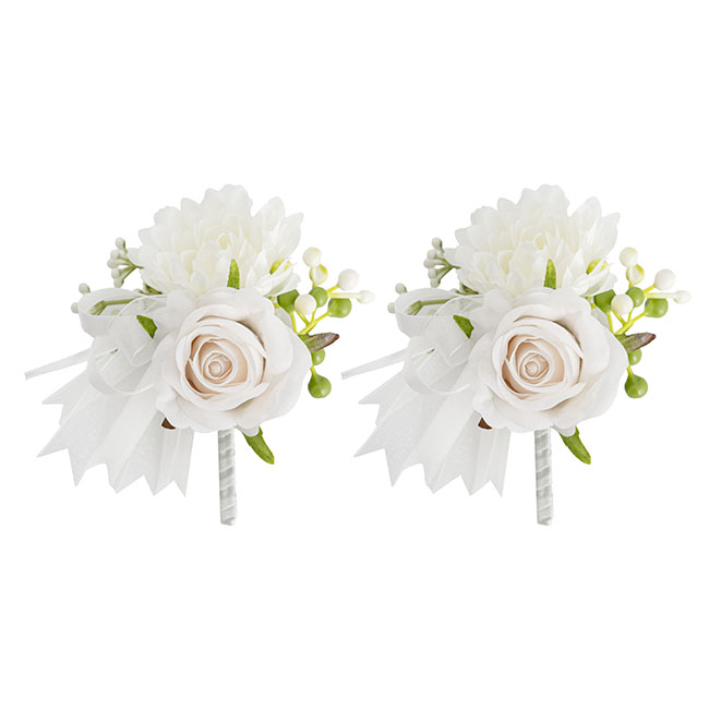 Mixed Flower Boutonniere Pack 2 White (13cmH)