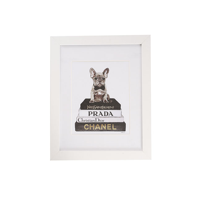 Framed Picture French Bulldog w Books (28cmx35.5cmH)