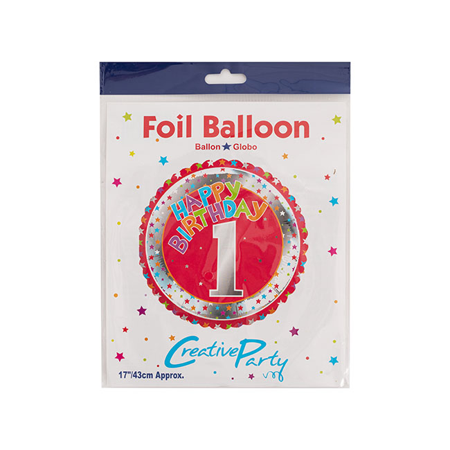 Foil Balloon 17 Happy 1st Birthday Red (43cmD)