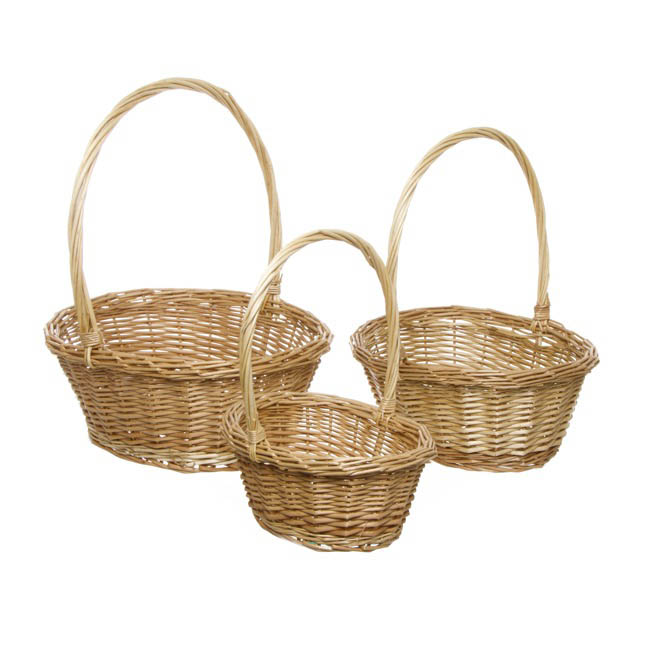 Willow Basket with Handle Oval Set of 3 Natural(33x28x13cmH)