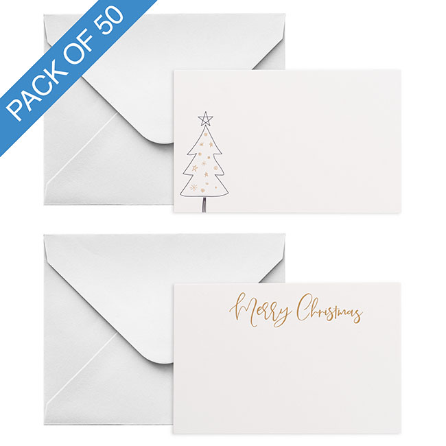 Cards Christmas Tree & Envelopes White Pk50 (10x6.5cmH)
