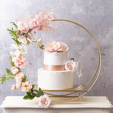 Gold Cake Stand display with Pink Roses & Peonies