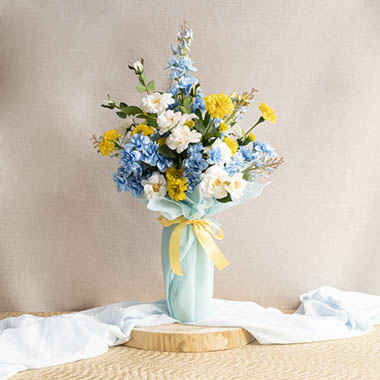  - Wine Bottle Vase in Baby Blue and Butter Yellow