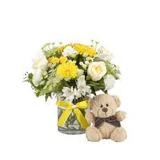 Interflora White and Yellow Flowers with Stuffed Bear