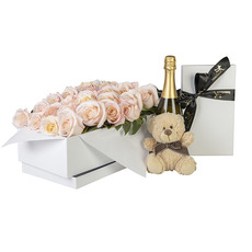 Interflora 24 pink roses with chocolate, champagne and teddy