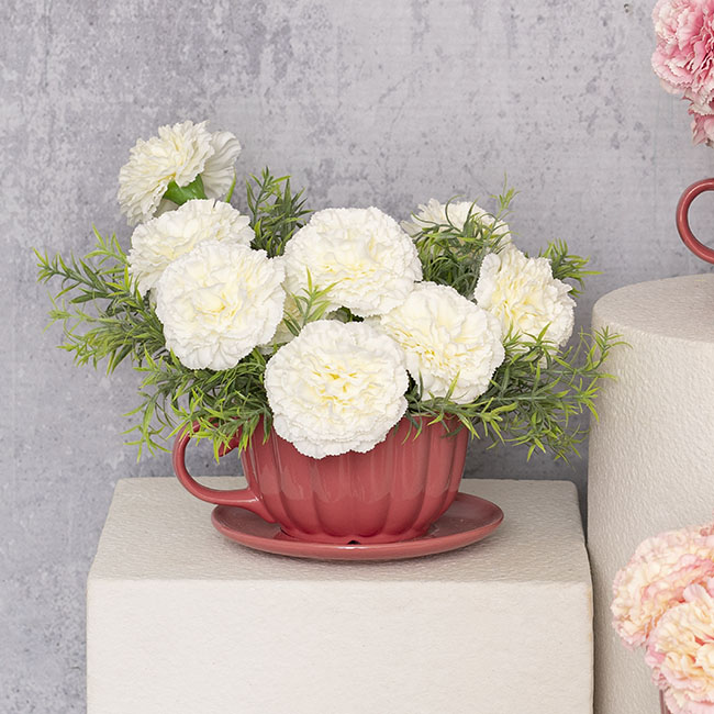 White Carnations in Tea Cup
