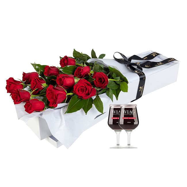 Interflora 12 Red Roses in Presentation Box with Red Wine