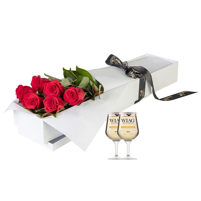 Interflora 6 Red Roses in Presentation Box with White Wine