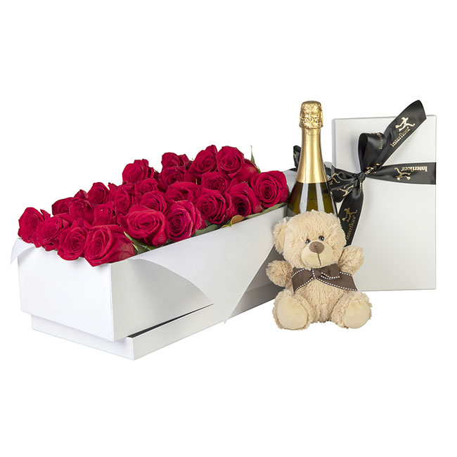 Interflora 24 red roses with chocolate, champagne and teddy