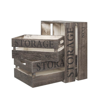 Wooden Crates & Boxes - Wooden Crate Storage Box Set 3 Grey Brown (41x31x19cmH)