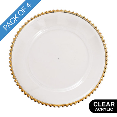 Charger Plates - Clear Charger Plate w Beaded Edge Pack 4 Gold (32cmD)