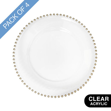 Party & Balloons - Charger Plates - Charger Plate w Gold Beaded Edge Pack 4 Clear (32cmD)