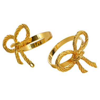 Napkin Rings - Metal Napkin Ring with Bow Pack 2 Gold (4.5cmD)