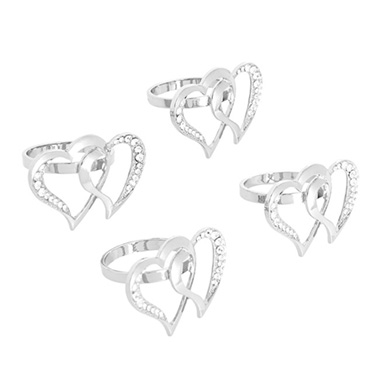 Napkin Rings - Diamante Heart Napkin Ring Pack 4 Silver (4cmD)