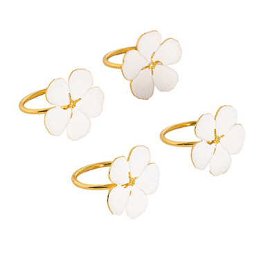 Napkin Rings - White Floral Napkin Ring Pack 4 Gold (4cmD)