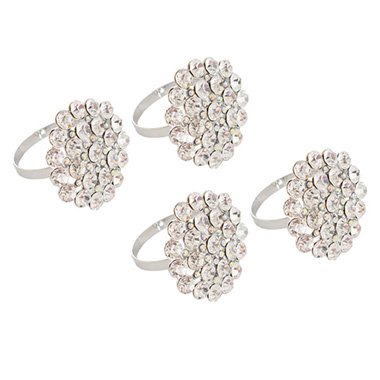 Napkin Rings - Diamante Flower Napkin Ring Pack 4 Silver (3.8x4.5cmH)