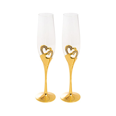 Champagne Glasses - Champagne Glass w Love Hearts 2PC Set Gold (56Dx260mmH)