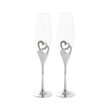 Champagne Glasses - Champagne Glass w Love Hearts 2PC Set Silver (56Dx260mmH)