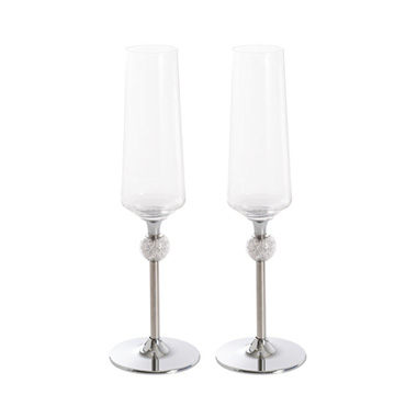 Champagne Glasses - Champagne Glass w Crystal Ball 2PC Set Silver (52Dx255mmH)