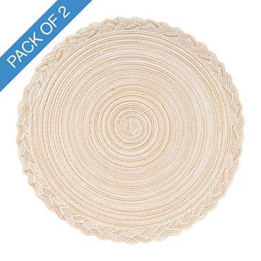 Table Placemats - Braided Edge Table Placemat Set 2 Round Cream (38cmD)