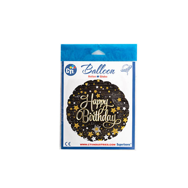Foil Balloon 17 (42.5cm Dia) Happy Birthday Stars Black
