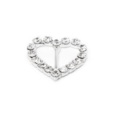 Ribbon Slider Buckles - Corsage Buckle Diamante Heart Mini Silver (22x35mm) Pack 12