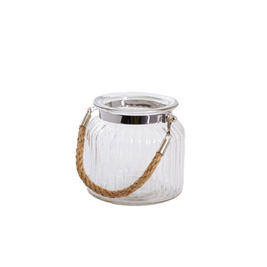 Recycled Style Glass Vases - Hurricane Glass Jar with Jute Rope Clear Small (11Dx10.5cmH)