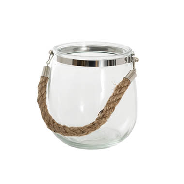 Recycled Style Glass Vases - Hurricane Glass Jar with Jute Rope Clear (14Dx14.5cmH)