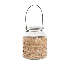 Recycled Style Glass Vases - Glass Natural Hyacinth Medium Jar Metal Handle (11.5x15cmH)