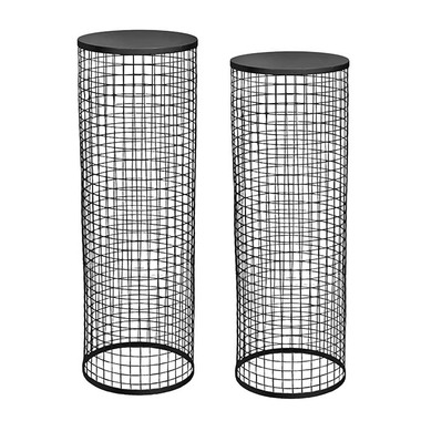 Metal Pedestals - Circular Mesh Plinth Set 2 Black (28x80cmH & 30x90cmH)