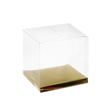 Cupcake Box Clear with Base 25mic Gold (80x80x80mm) Pack 10