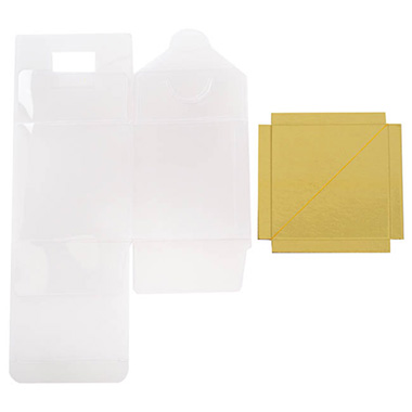Cupcake Box Clear with Base 30mic Gold (90x90x90mm) Pack 10