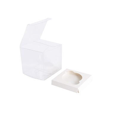 Cupcake Box Clear with Insert 30mic White (90x90x90mm) Pk 10