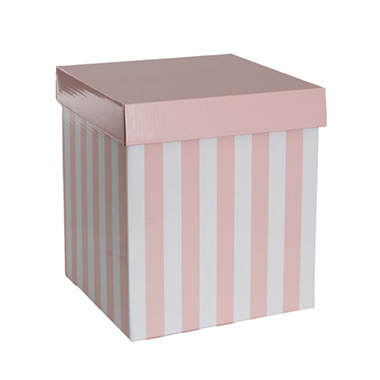 Gift Box with Lid Tall Stripes Pink and White (22x22x25cmH)