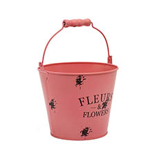 Tin Metal Deco Planters - Jardinier Tin Bucket Round Handle Pink (16.5Dx13.5cmH)