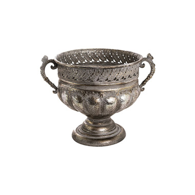 Metal Urns - Baroque Metal Urn w Handle Pewter Silver (37.5x28.5x27cm)