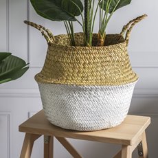Tonga Seagrass Planter Basket Natural & White (27Dx26cmH)