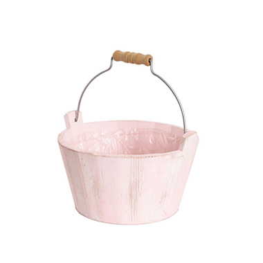 Wooden Planters Pot Covers - Pink Wash Touch Wooden Bucket Planter (21cmDx11cmH)