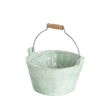 Wooden Planters Pot Covers - Sage Wash Touch Wooden Bucket Planter (21cmDx11cmH)