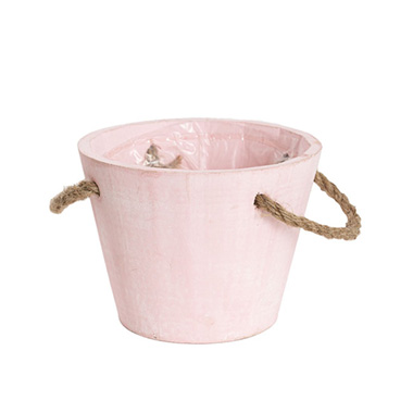 Wooden Planters Pot Covers - Pink Wash Touch Wooden Bucket Planter (17cmDx13cmH)