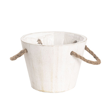 Wooden Planters Pot Covers - White Wash Touch Wooden Bucket Planter (17cmDx13cmH)