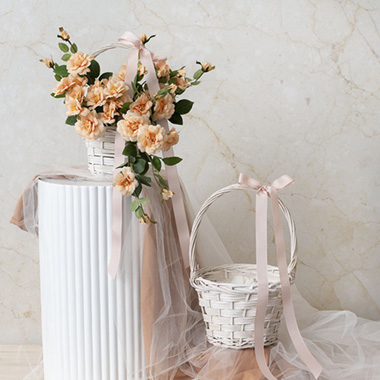 Flower Girl Basket Long Handle Set 2 White (22Dx15cmH)