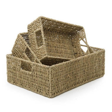 Hamper Tray & Gift Basket - Seagrass Tray Rectangle Set of 3 Natural (40x30x14cmH)