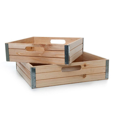 Wooden Crates & Boxes - Wooden Gourmet Hamper Tray Set 2 Metal Natural (35x35x9cmH)