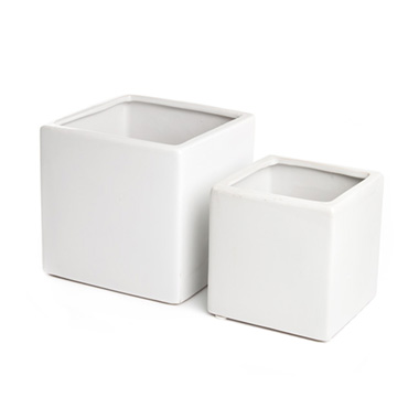 Florist Flower Pots - Ceramic Bondi Cube Set 2 White (15x15x15cmH)